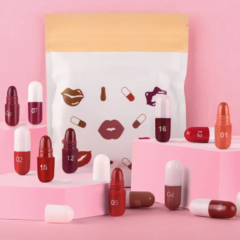 18-teiliges Lippenstift-Set mit langanhaltender samtiger, matter Kapselform 